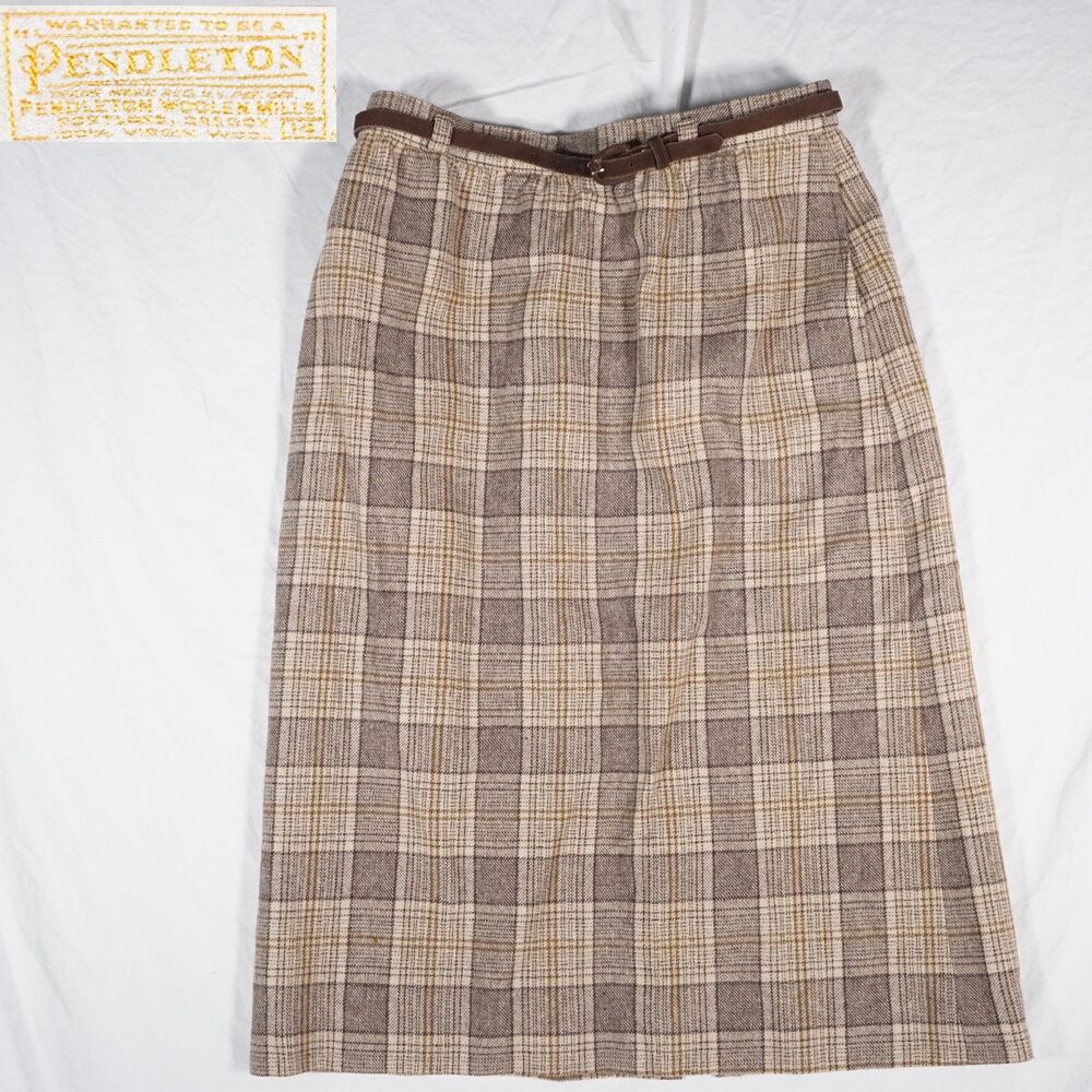 Pendleton Vintage Wool Skirt Brown Plaid Size 14 Made in USA